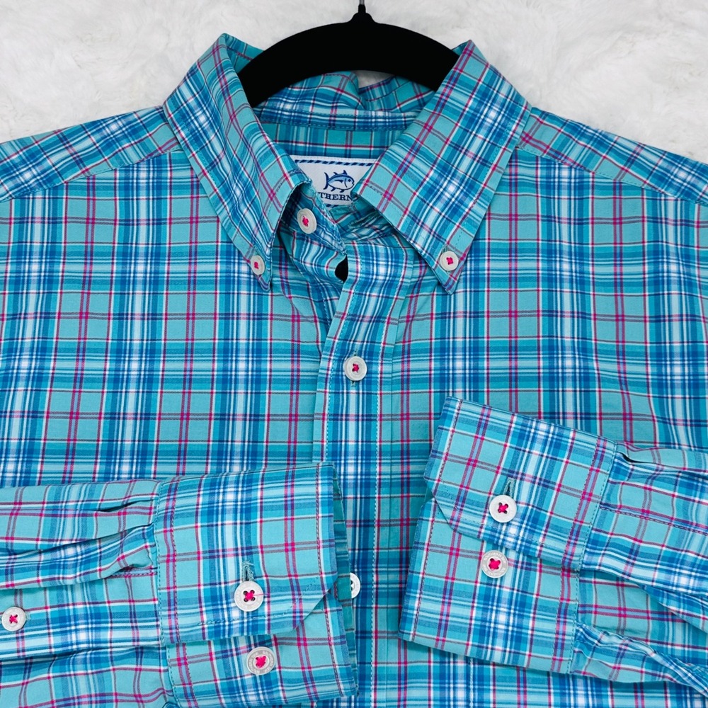 Southern Tide Mens Small Classic Fit Plaid Button Down Shirt Turquoise Pink Blue